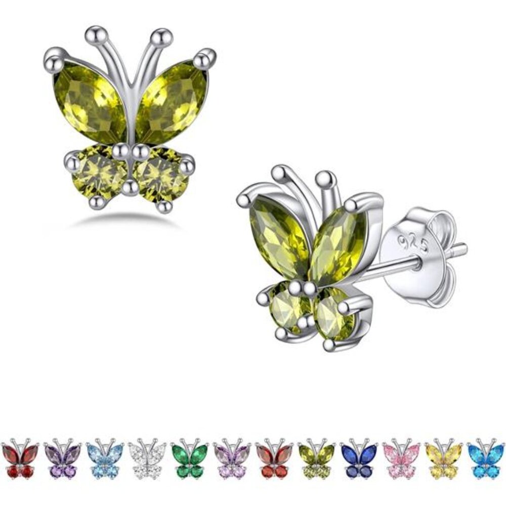 Silver August Birthstone Butterfly Earring Women Dainty Cute Wife Girlfriend Mom